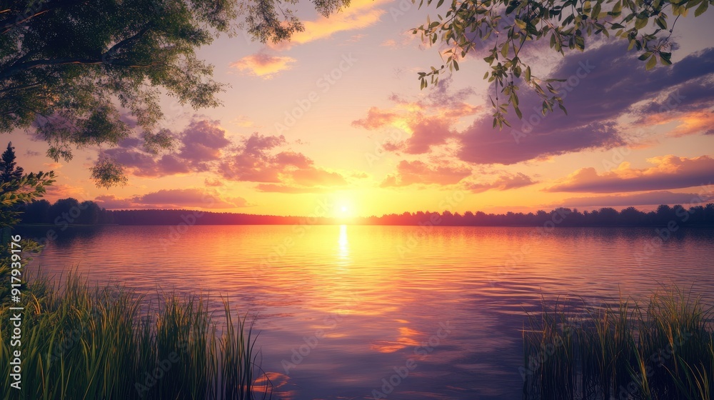A peaceful lakeside sunset, with the sun dipping below the horizon and casting a warm glow across the water. A peaceful lakeside sunset, with the sun dipping below the horizon and casting a warm glow across the water.