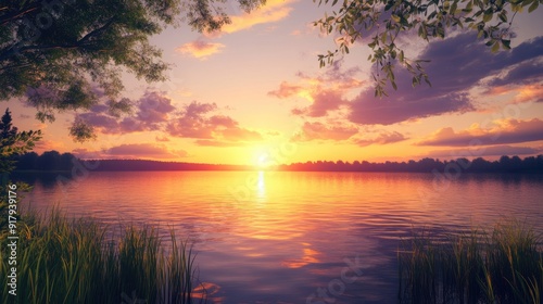 A peaceful lakeside sunset, with the sun dipping below the horizon and casting a warm glow across the water.