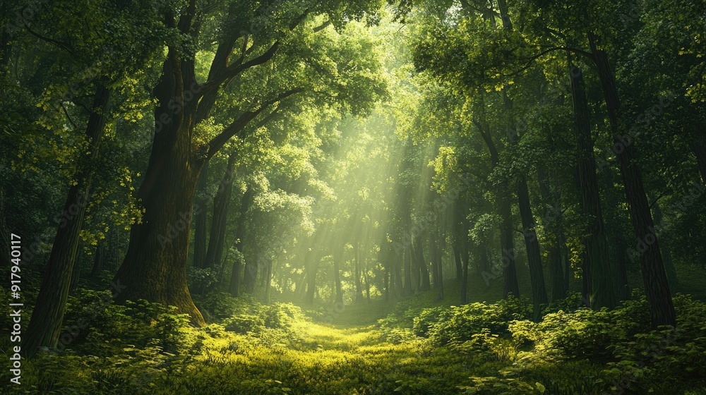 Fototapeta premium A serene, enchanted forest with towering trees, rich greenery, and dappled light creating a fairytale-like atmosphere.