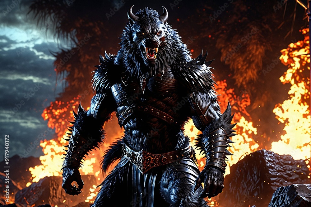 A monster with horns and fur is standing in front of a dark background A monster with horns and fur is standing in front of a dark background