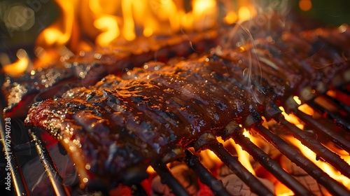 Flames dancing around a grill covered in juicy ribs, with glowing coals visible below