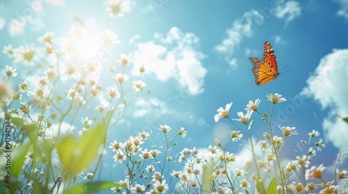 Fototapeta Naklejka Na Ścianę i Meble -  Beautiful summer meadow with white summer flowers and a flying butterfly on a sunny blue sky background
