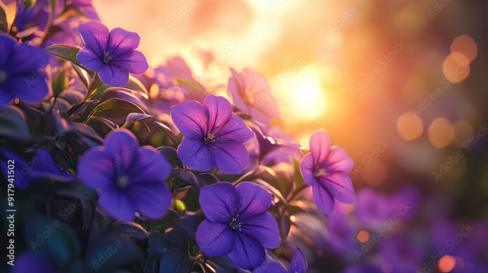 A sunset scene with a close-up of vibrant purple flowers, their petals illuminated by the fading light. A sunset scene with a close-up of vibrant purple flowers, their petals illuminated by the fading light.