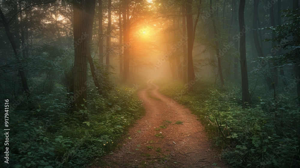 Fototapeta premium A forest path at dawn, photo style, cool tones, natural light, misty atmosphere