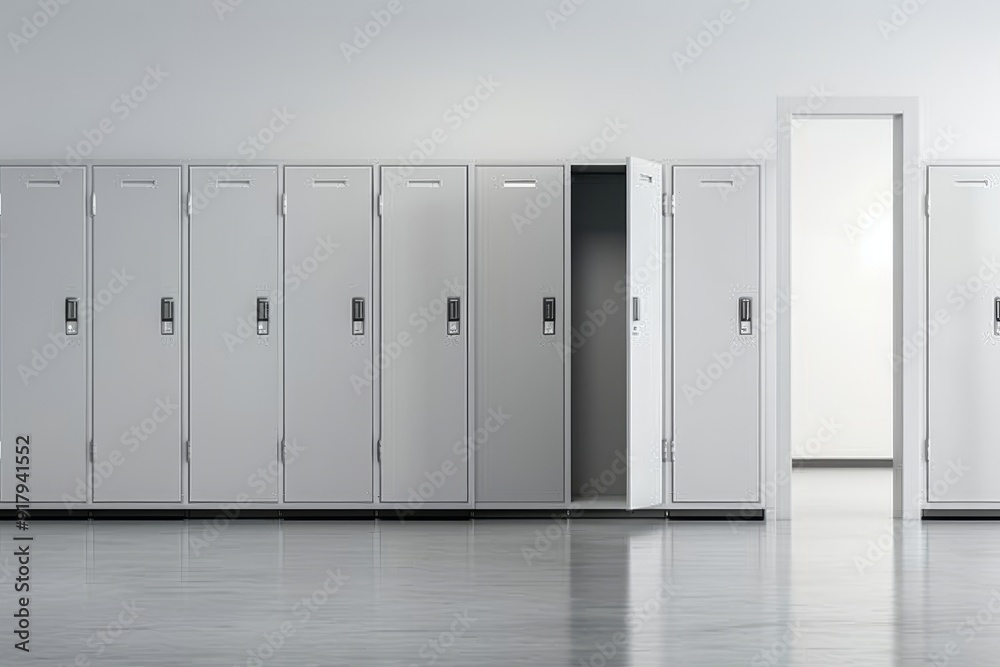 Gray School Lockers with Open Doors, Neutral Background Gray School Lockers with Open Doors, Neutral Background