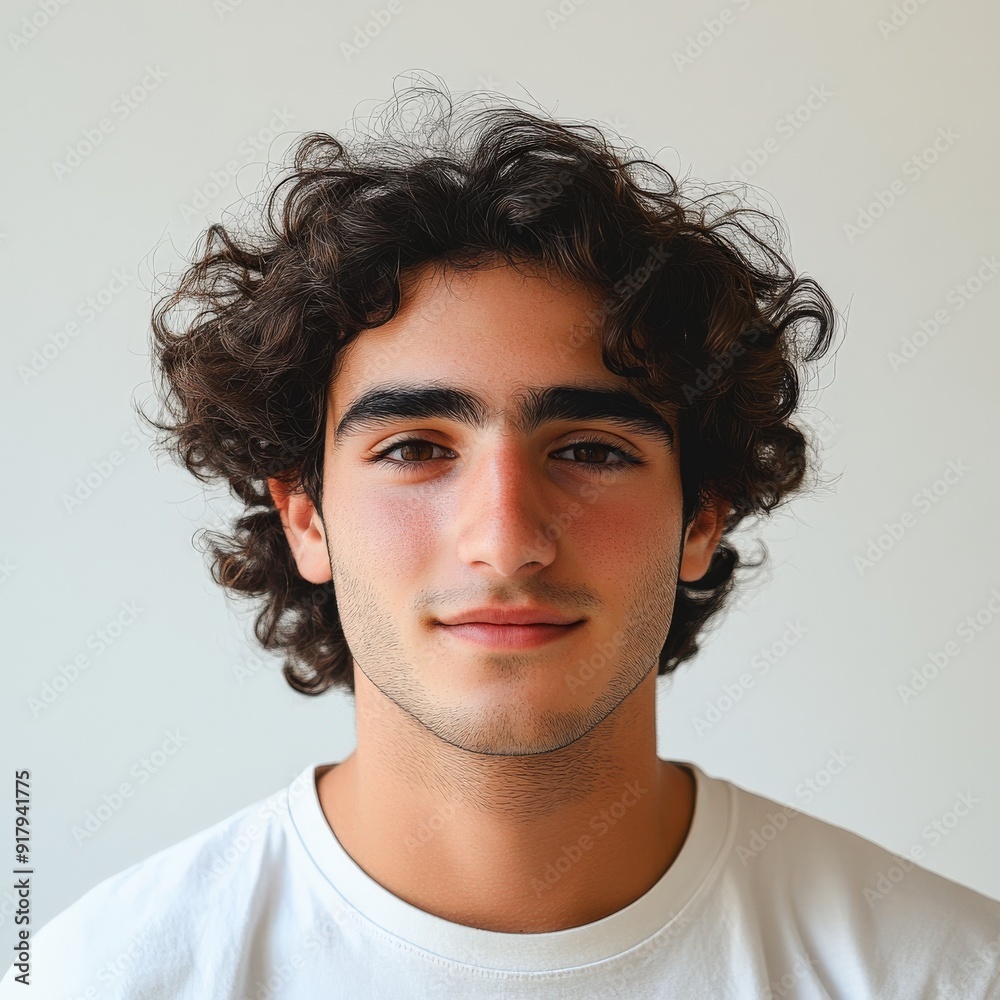 Young man with curly hair in a casual white t-shirt indoors Young man with curly hair in a casual white t-shirt indoors