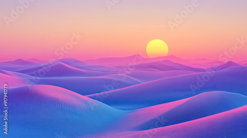 A tranquil desert scene with endless sand dunes, highlighted by the vibrant colors of the setting sun.