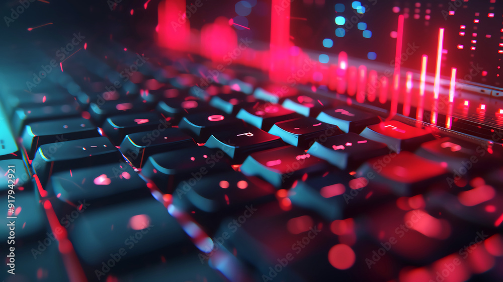 Fototapeta premium Glowing red and blue keyboard. Futuristic technology.
