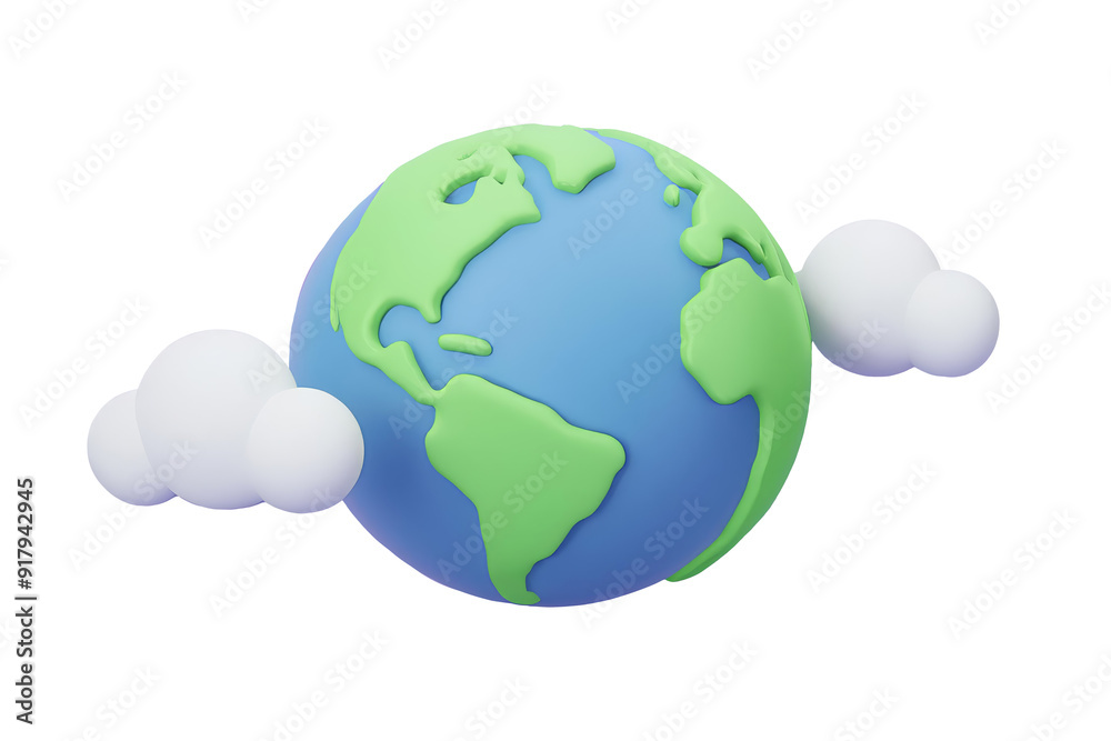 3D cartoon Earth floating with fluffy clouds, 3D render isolated background 3D cartoon Earth floating with fluffy clouds, 3D render isolated background