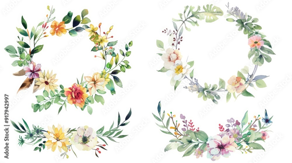 Obraz premium Watercolor flower wreaths. Floral clip art set. Frames perfectly for print on wedding invitation, greeting card, wall art, stickers and other. Isolated on white background