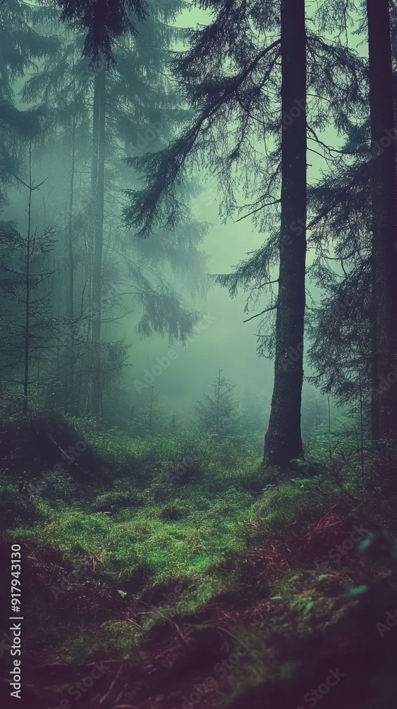 Fototapeta premium Abstract Enchanting Anime-Style Misty Forest: Ethereal Winter Dreamscape meets Haunting Halloween Night. Surreal Fusion of Seasons with Towering Trees, Vibrant Colors, and Eerie Shadows. Captivating 4