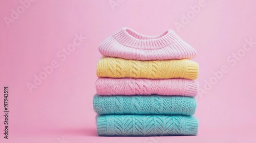 Cozy colorful sweaters stacked on pink background for fashion and comfort