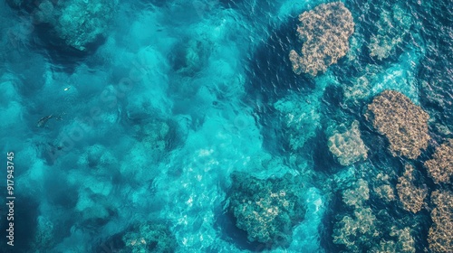 An aerial view capturing the beauty of an underwater coral reef, with fish swimming in the clear, turquoise waters.