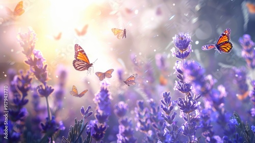 summer forest glade with flowering lavender flower and butterflies on a sunny day; back lighting, high key