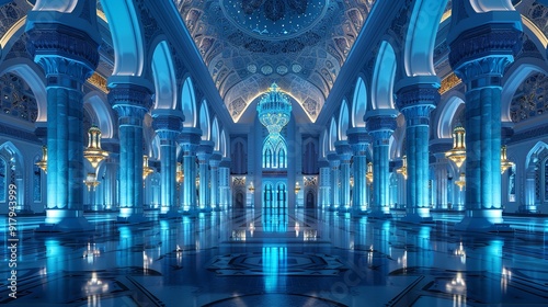 Beautiful blue Mosque in Ramadan Kareem or Eid Al Fitr vibes. Islamic Mosque architecture building.