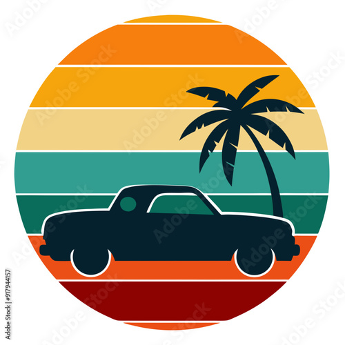 Retro Striped Car Silhouette in Circle - Trendy Vintage T-Shirt Design