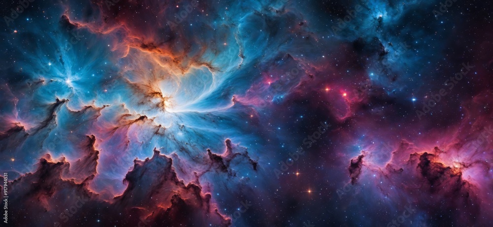 A vibrant cosmic scene featuring colorful nebula clouds with stars, interstellar gas, and dust, creating an ethereal glow. A vibrant cosmic scene featuring colorful nebula clouds with stars, interstellar gas, and dust, creating an ethereal glow.