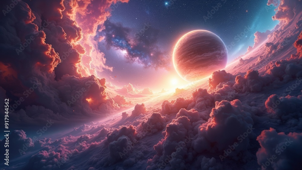 Majestic cosmic scene with a large planet rising over a surreal cloudscape, illuminated by a distant sun, evoking wonder. Majestic cosmic scene with a large planet rising over a surreal cloudscape, illuminated by a distant sun, evoking wonder.