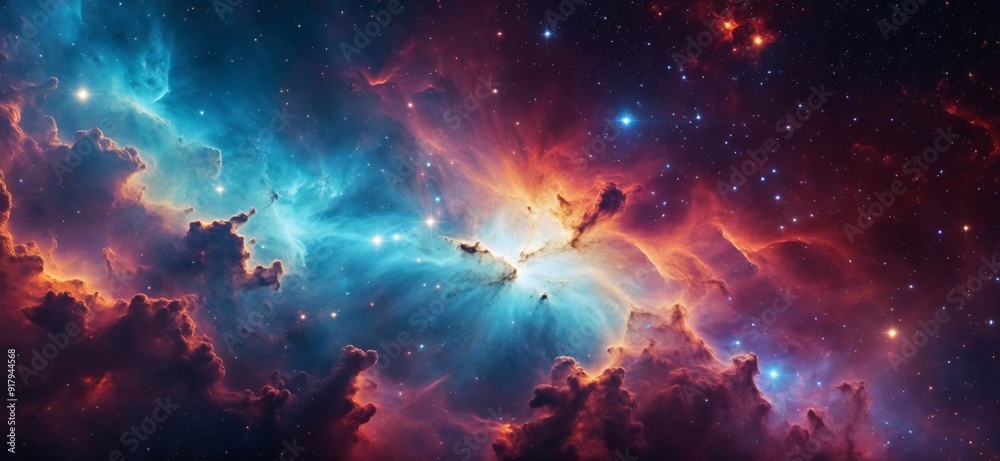 Vibrant cosmic clouds and stars in a nebula with rich hues of blue, orange, and red spread across the space. Vibrant cosmic clouds and stars in a nebula with rich hues of blue, orange, and red spread across the space.