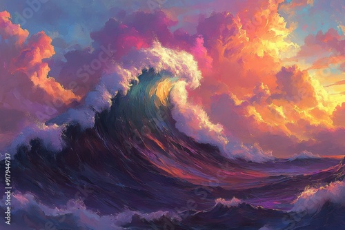 Majestic sunset wave in vibrant oil painting style