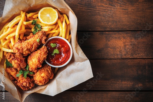 Crispy fried chicken with golden french fries tangy dipping sauce photo