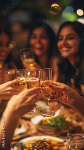 Ladies table party, Indian ladies cheering in glass enjoy food and drinks in restaurant, background red gold dark color.
