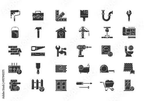 Set of 30 black glyph icons for construction, renovation, repair, and home improvement. Includes tools, equipment, and home features.