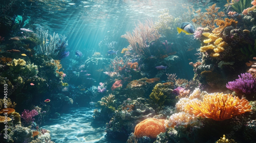 An underwater ecosystem teeming with life, featuring coral reefs, fish, and other sea creatures in their natural habitat. An underwater ecosystem teeming with life, featuring coral reefs, fish, and other sea creatures in their natural habitat.