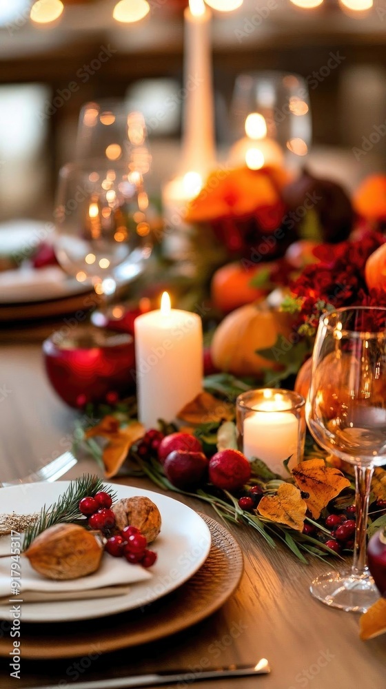 An elegantly decorated dining table for a festive occasion, featuring candles, fruits, and ornamental foliage. An elegantly decorated dining table for a festive occasion, featuring candles, fruits, and ornamental foliage.