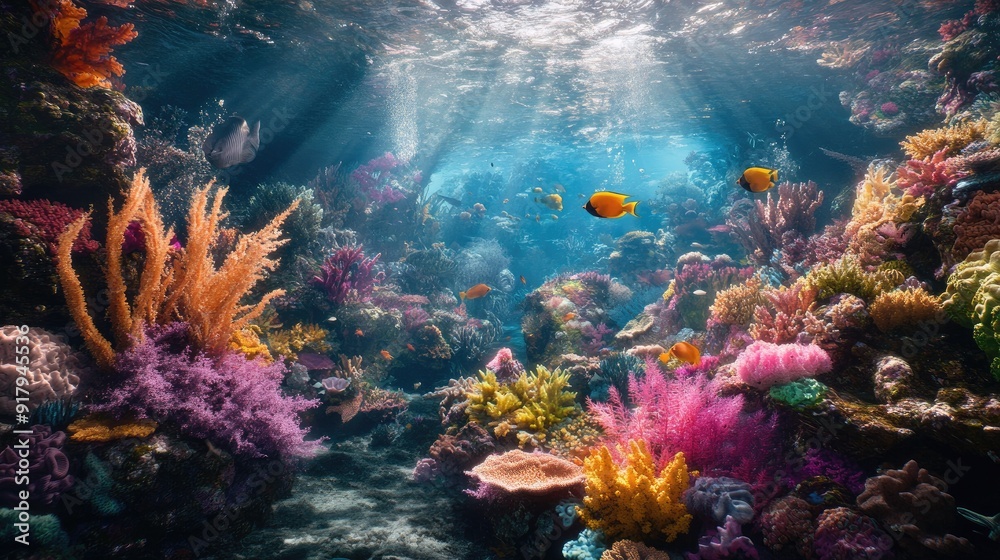 Naklejka premium An underwater scene featuring a coral reef and a variety of exotic sea life, creating a dynamic and colorful landscape.