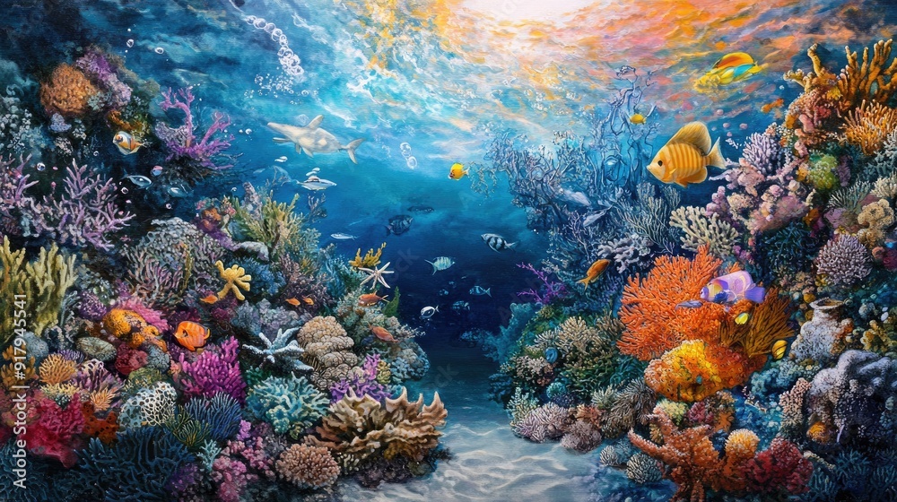An underwater scene featuring a coral reef and a variety of exotic sea ...