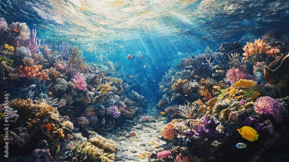 Naklejka premium An underwater scene featuring a coral reef and a variety of exotic sea life, creating a dynamic and colorful landscape.