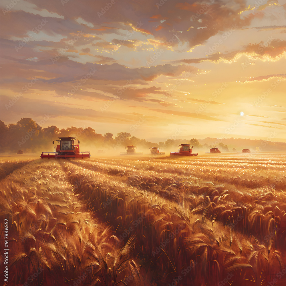 Fototapeta premium Harvester harvesting ripe wheat field in autumn with sunset. Concept of agriculture, agronomy and crop collection.