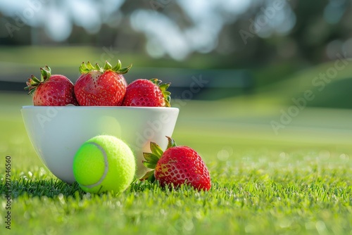 Tennis Ball and Bowl of Strawberries on Grass