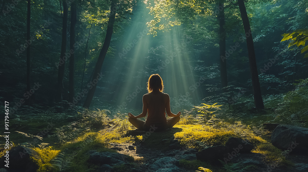 Person meditating alone in a tranquil forest, surrounded by nature