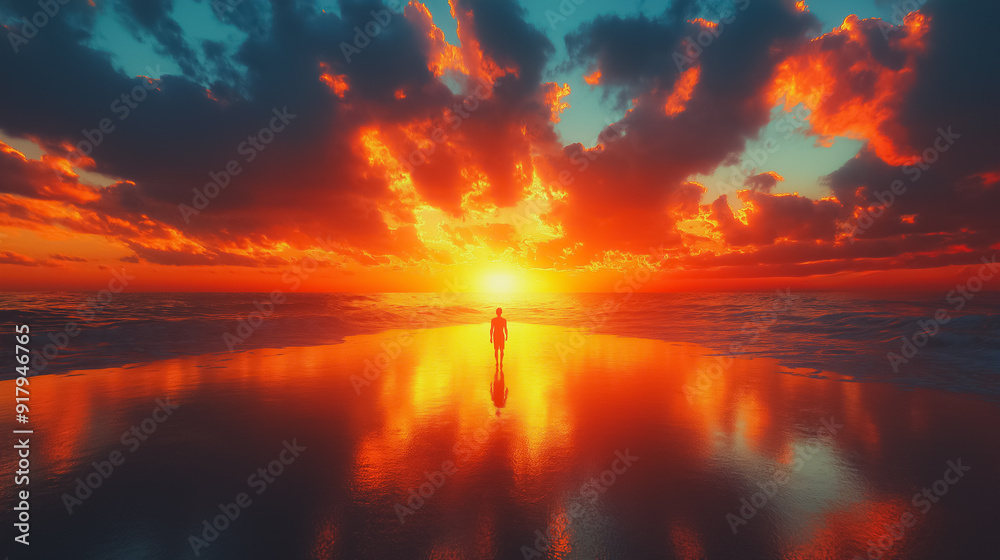 Fototapeta premium Silhouette of a person standing on a reflective beach at sunset