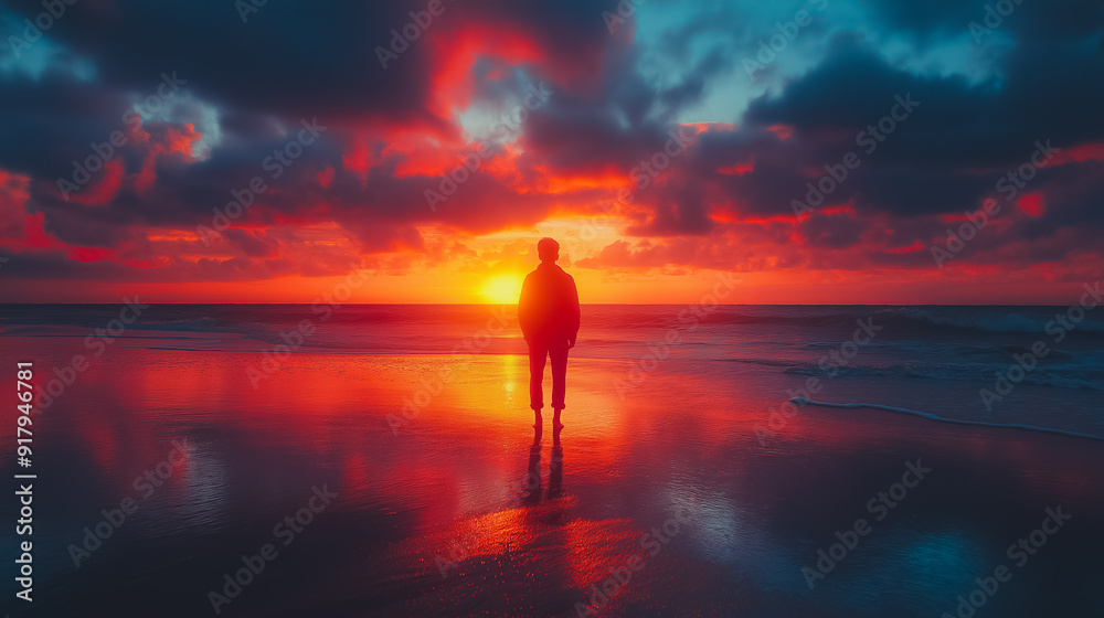 Isolated figure on a deserted beach, gazing at the horizon during sunset Isolated figure on a deserted beach, gazing at the horizon during sunset