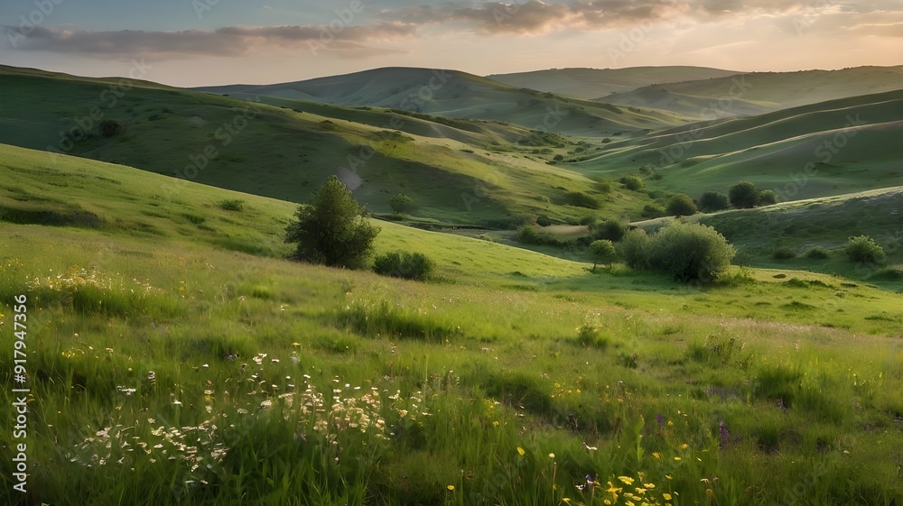 Rolling Hills And Meadows With Wildflowers And Morning Light Rolling Hills And Meadows With Wildflowers And Morning Light