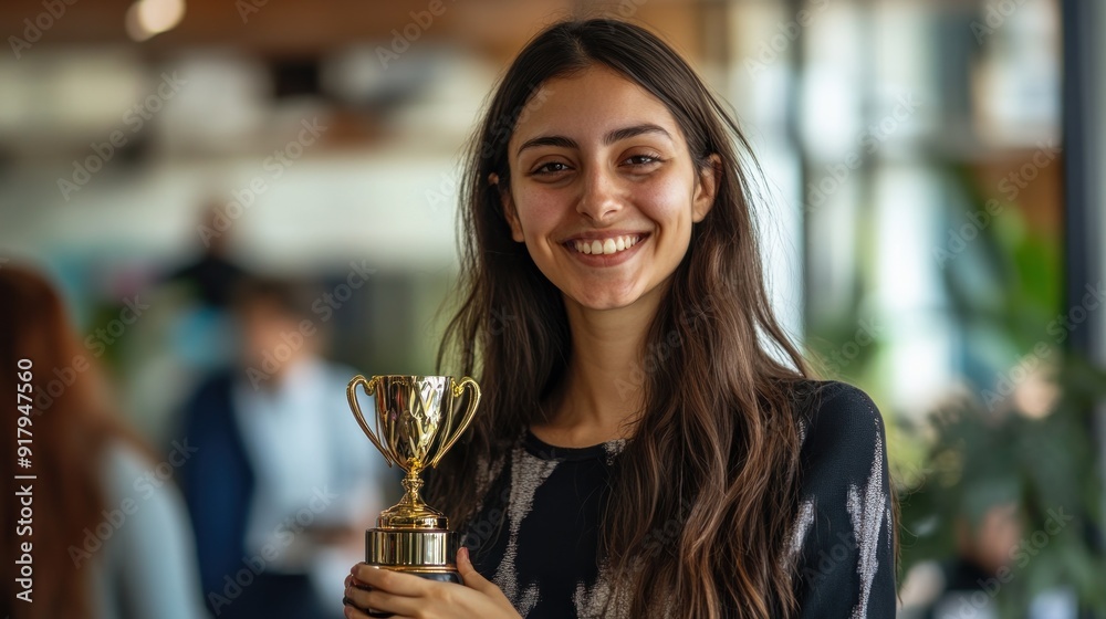 Smiling Woman Holding Trophy Smiling Woman Holding Trophy