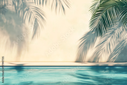 Tropical summer background with plaster wall, pool water and palm shadow. Luxury hotel resort poolside scene mockup template. Beach vacation holiday