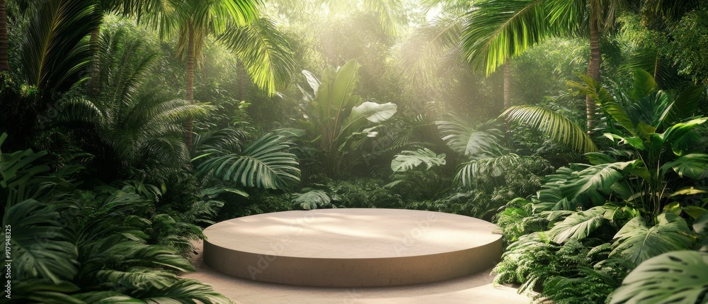 Realistic photograph of a podium in the jungle, surrounded by lush greenery and palm trees, creating an enchanting tropical atmosphere for product display Realistic photograph of a podium in the jungle, surrounded by lush greenery and palm trees, creating an enchanting tropical atmosphere for product display