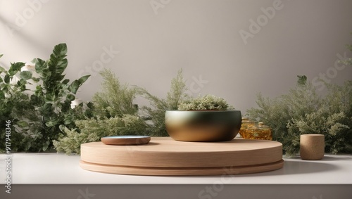 Wallpaper Mural Minimalist Product Display: A natural and elegant composition featuring a wooden podium adorned with lush greenery and a subtle golden bowl. Perfect for showcasing your products with a touch of sophis Torontodigital.ca
