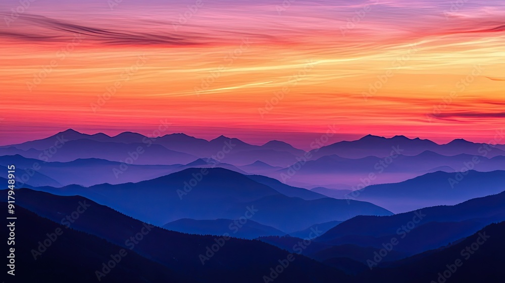 Obraz premium Sunset over a mountain range, with the sky painted in shades of orange, pink, and purple, and the mountains silhouetted against it.