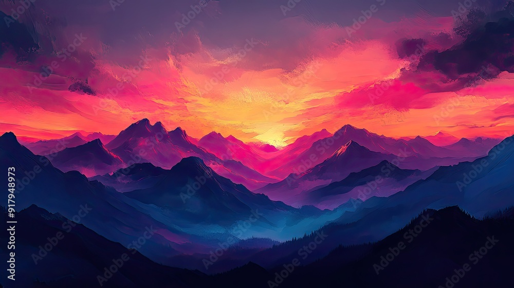 Obraz premium Sunset over a mountain range, with the sky painted in shades of orange, pink, and purple, and the mountains silhouetted against it.