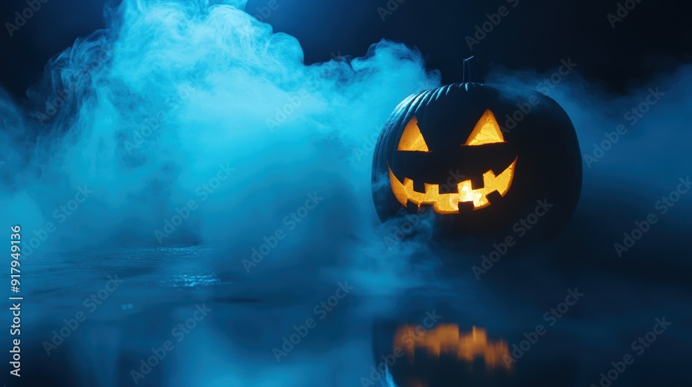 Naklejka premium Glowing jack-o'-lantern in mysterious misty darkness