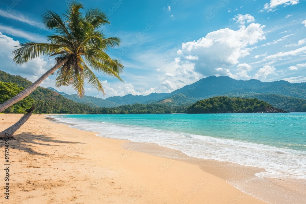 Tropical beach paradise with palm tree clear blue waters Tropical beach paradise with palm tree clear blue waters