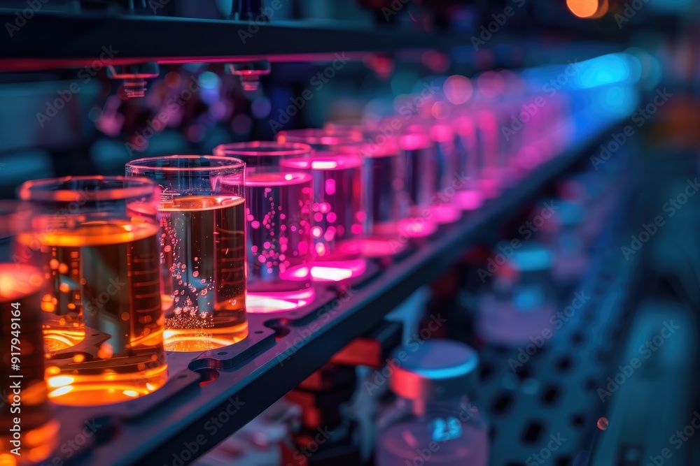 A row of beakers filled with colorful liquids glow under ultraviolet light in a laboratory setting. A row of beakers filled with colorful liquids glow under ultraviolet light in a laboratory setting.