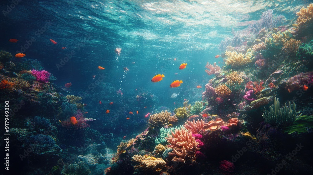 The beauty of a coral reef underwater, teeming with colorful fish and other exotic sea creatures. The beauty of a coral reef underwater, teeming with colorful fish and other exotic sea creatures.