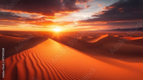 The beauty of a desert filled with sand dunes at sunset, with the sky ablaze in warm tones and the landscape glowing.