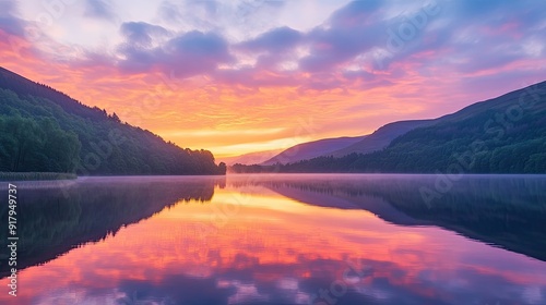 The beauty of a sunset over a calm lake, with the sky transitioning from orange to pink and the water mirroring the scene.